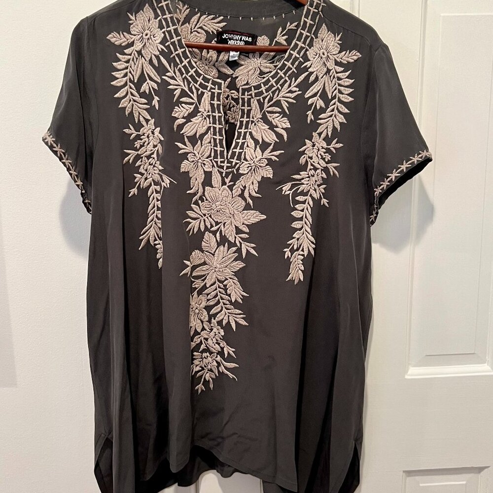 Johnny Was Silk Blouse Gray, with Cream Embroidery